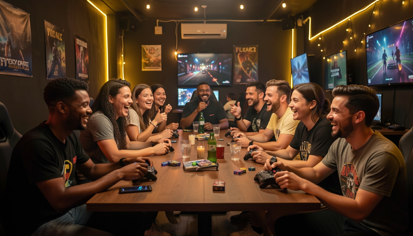 Nine people laugh and play console games around a table in a warmly lit gaming lounge.
