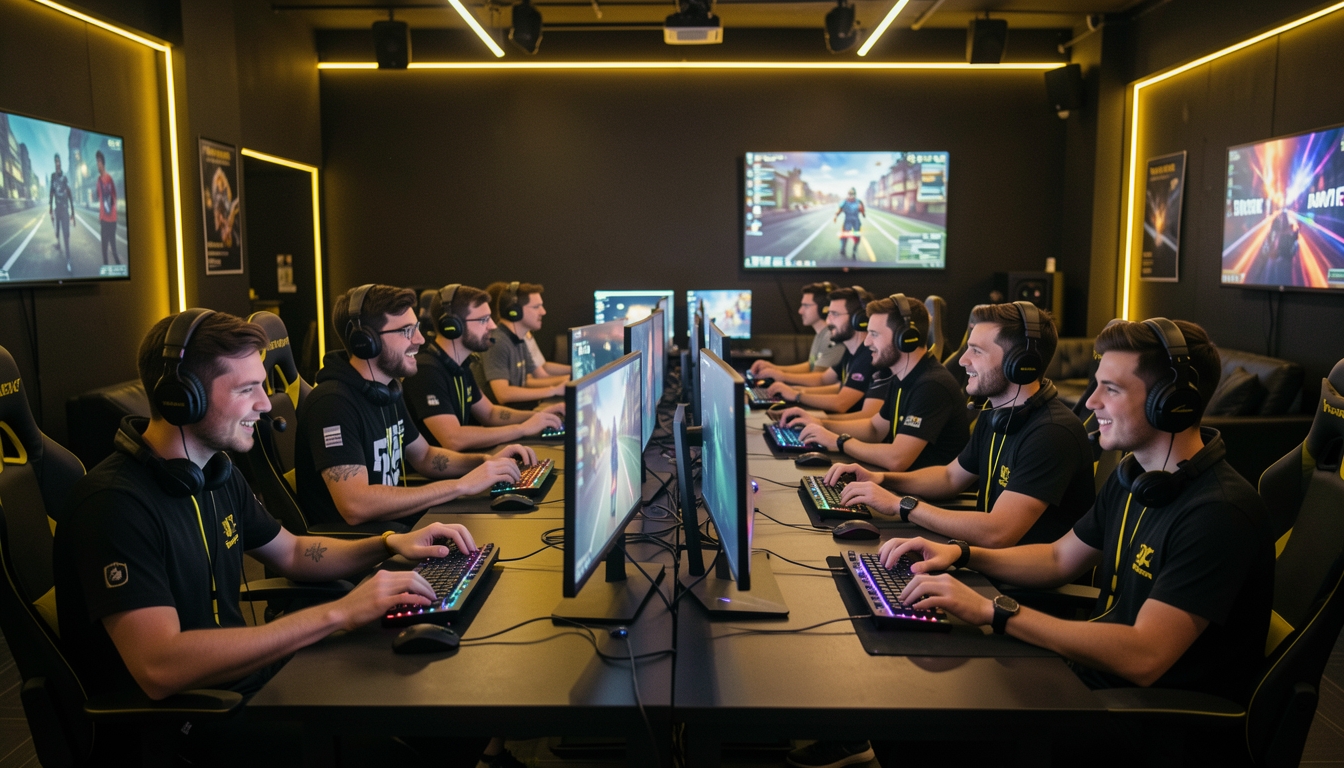 Esports players wearing headsets compete at computers in a dark room with yellow LED lighting.