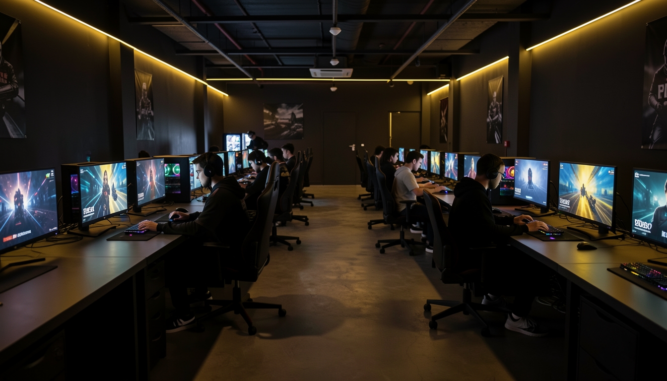 Dark gaming room with rows of computers, seated headset users, warm LED lighting, and colorful game screens.