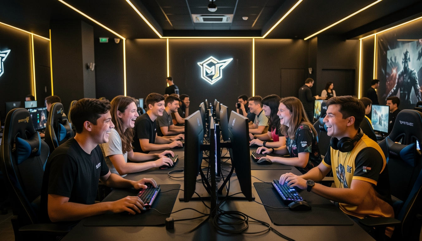 Players compete at rows of computers in a dark, yellow-lit esports gaming room.