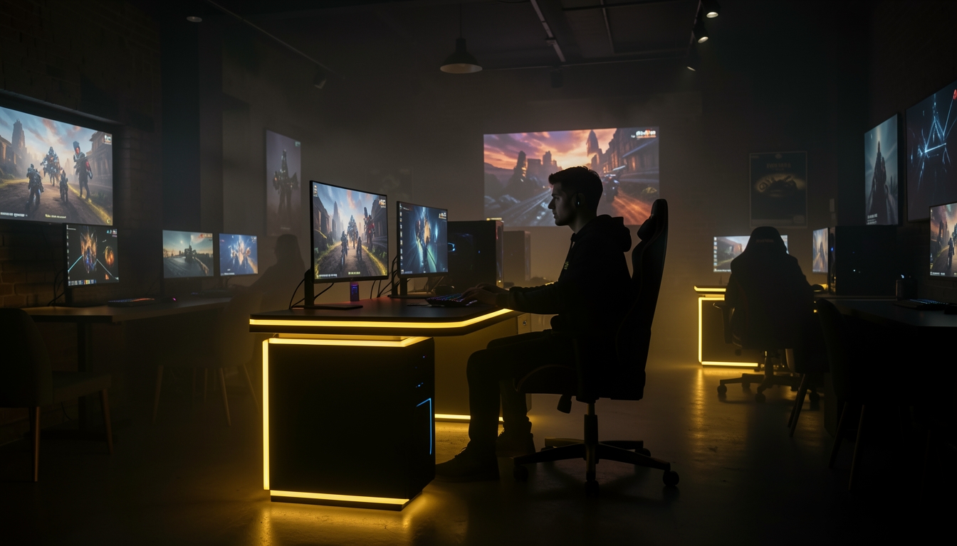 Dim gaming room with multiple monitors, two players, and yellow LED-lit desks.